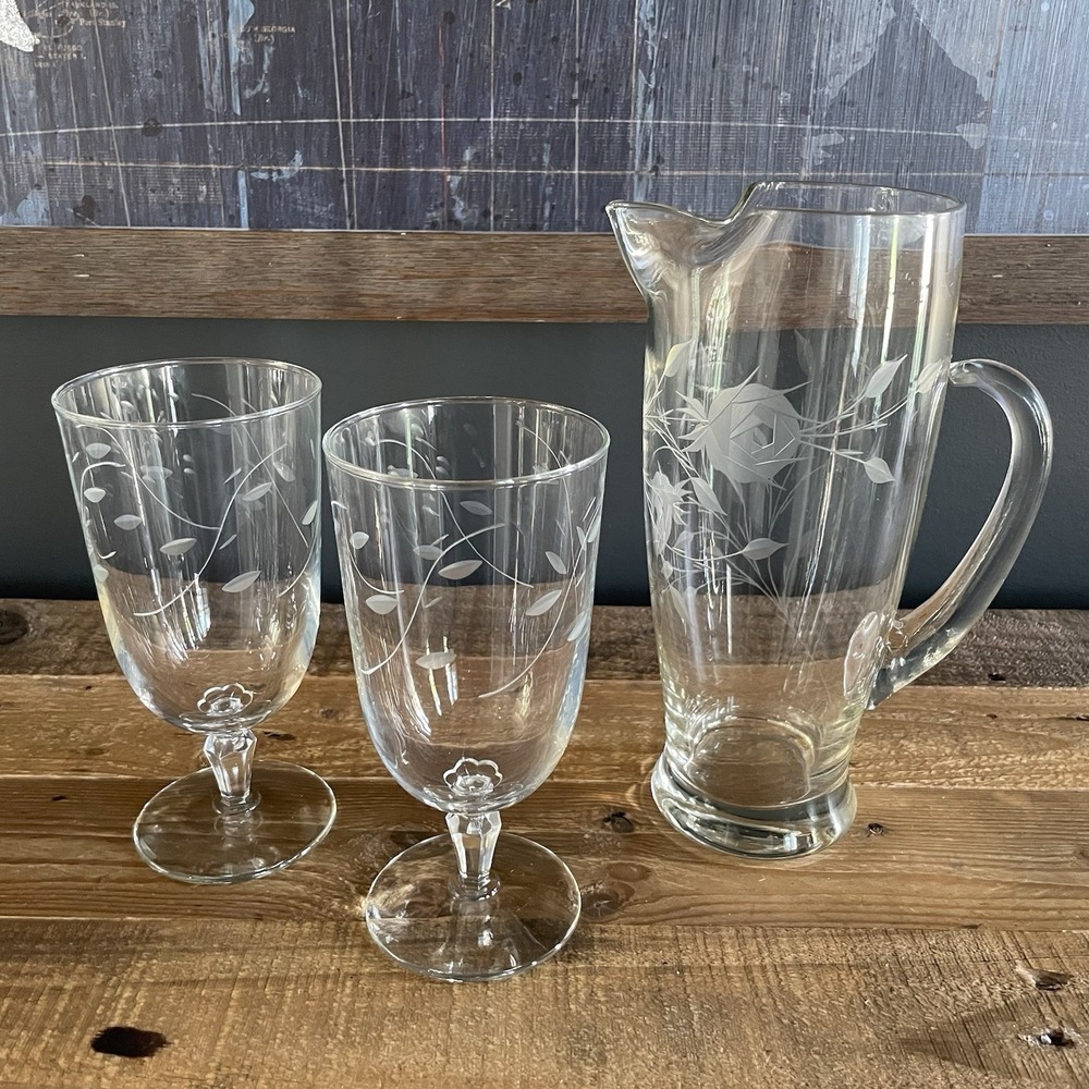 MCM Libbey Set 6.75" Iced Tea Wine Etched Floral Glass Goblets 9" Carafe Pitcher